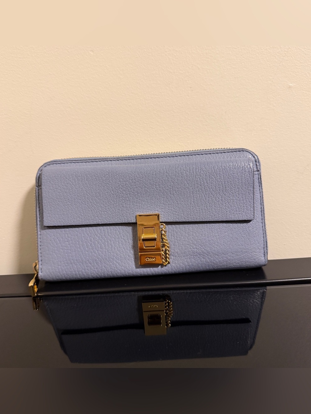Chloe Drew Blue Leather Zip Long Wallet with Gold Hardware
